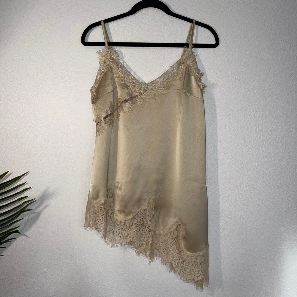Lace Trim Silk Satin Camisole Top - Champagne Gold Asymmetrical Hem Cami